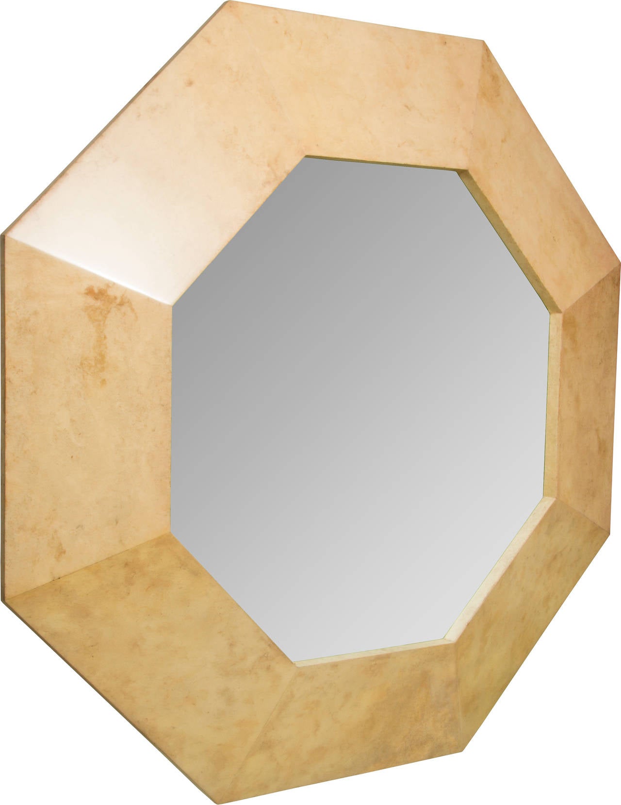 This mirror was one of several removed from a building in Chicago. They were supposedly by Karl Springer and the frame is parchment over wood.