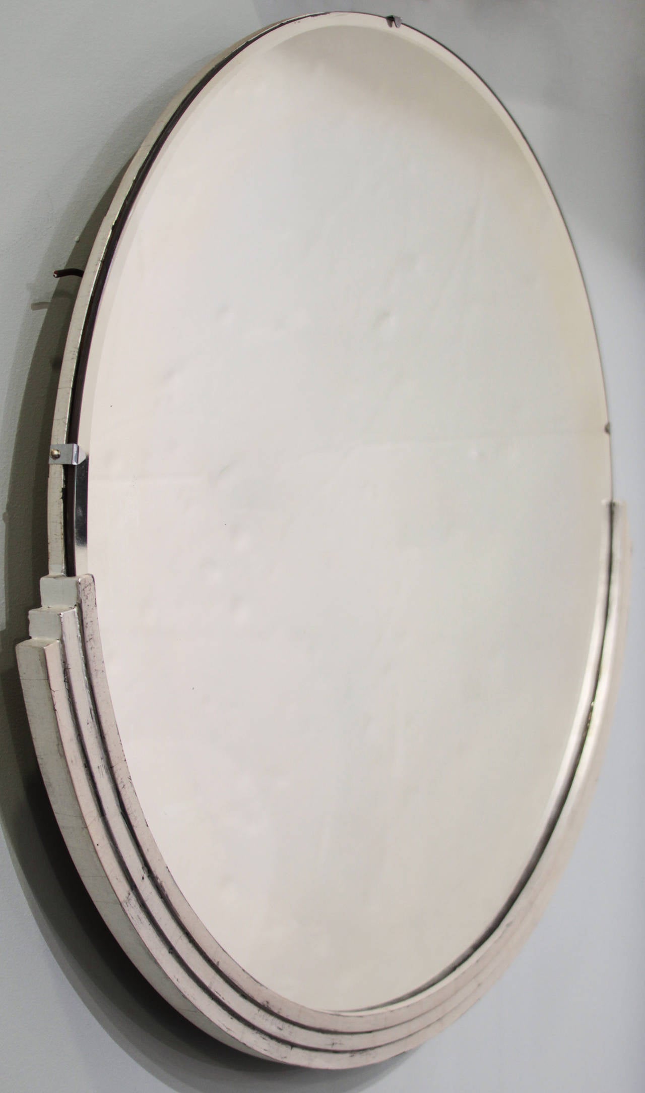 American Art Deco  Silver Leafed Circular Wood Mirror