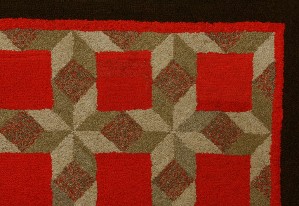 Tumbling Blocks Optical  Red Square Hooked Rug