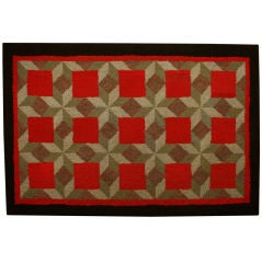 Vintage Tumbling Blocks Optical  Red Square Hooked Rug