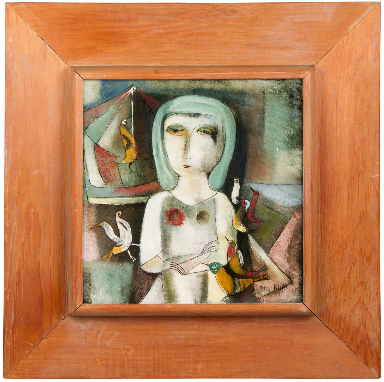This is a wonderful and exceptional framed wall tile in the Expressionist style. This piece exemplifies Pillin's mastery of the glaze and her painterly style. Unframed the plaque measures 12.5