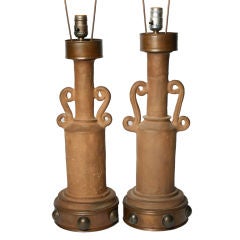 Rare Pair of Terra Cotta and Copper Lamps by Aguilar