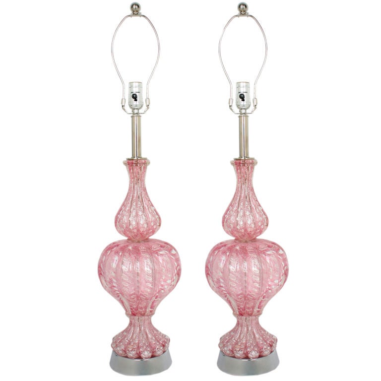 Pair of Rose Colored Murano Lamps