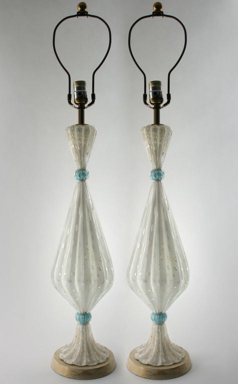 Pair of Cream and Gold Lamps with Turquoise Accents, style of Barovier & Toso
