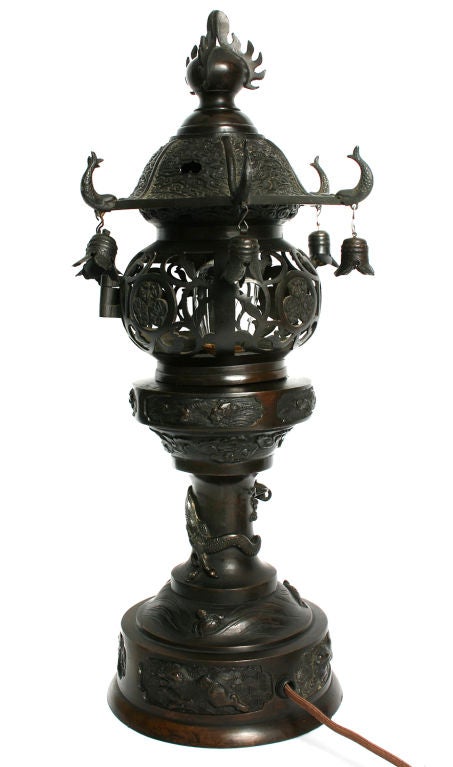 19th Century Pair of Japanese Meiji Electrified Lanterns with Bells