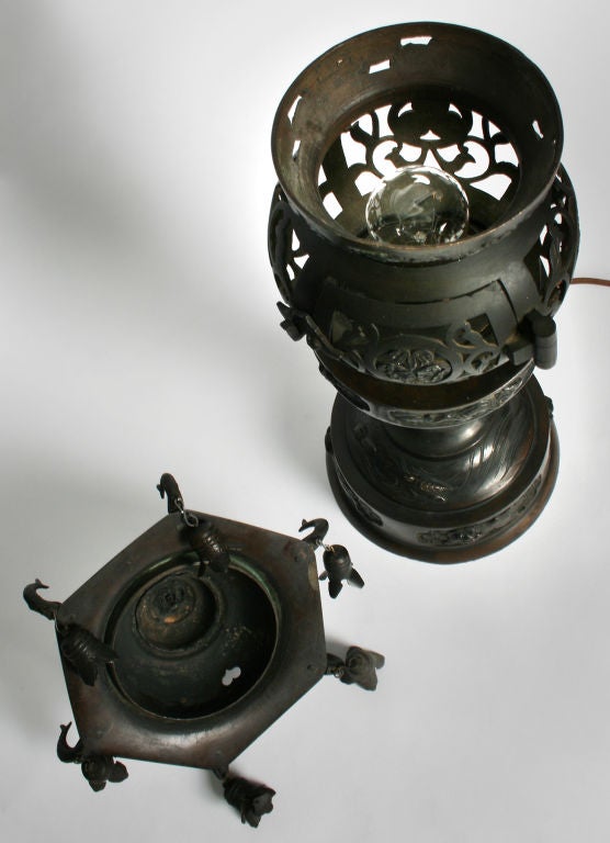 Bronze Pair of Japanese Meiji Electrified Lanterns with Bells