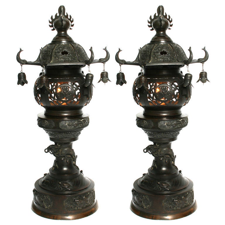 Pair of Japanese Meiji Electrified Lanterns with Bells