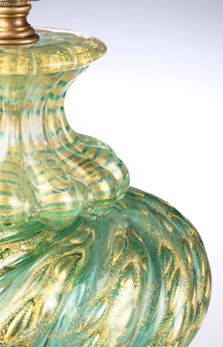 Blown Glass Pair of Barovier & Toso Cordonato d'Oro Green Murano Lamps