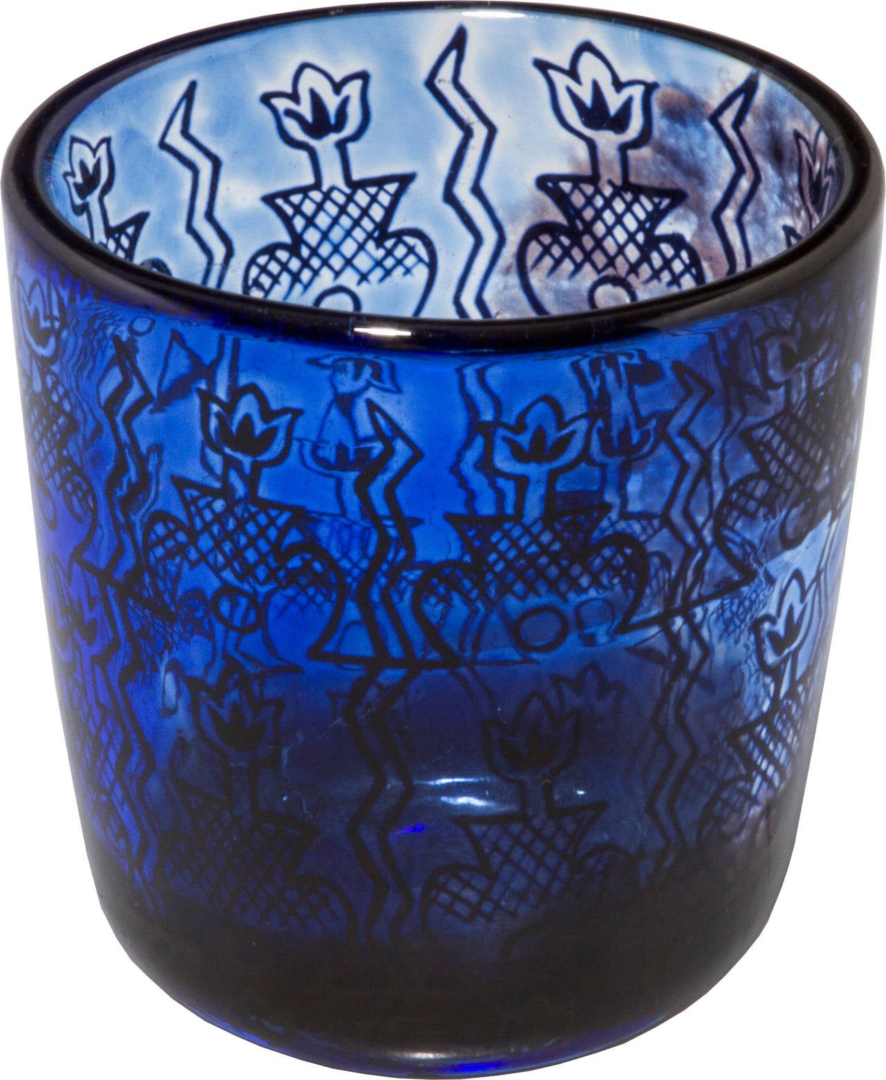 This is a beautiful small vase by Edward Hald with a overall geometric floriform pattern. This early piece is dated 1940.
