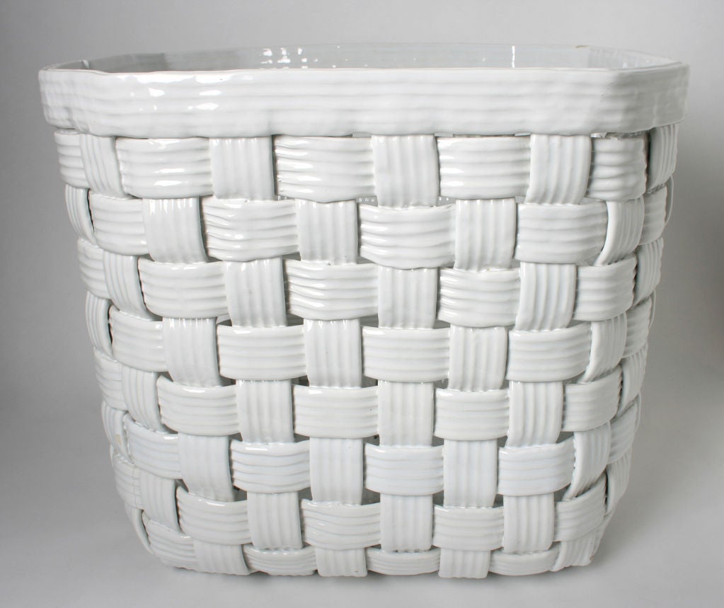 Large Woven White Italian Ceramic Baskets -Planters 1