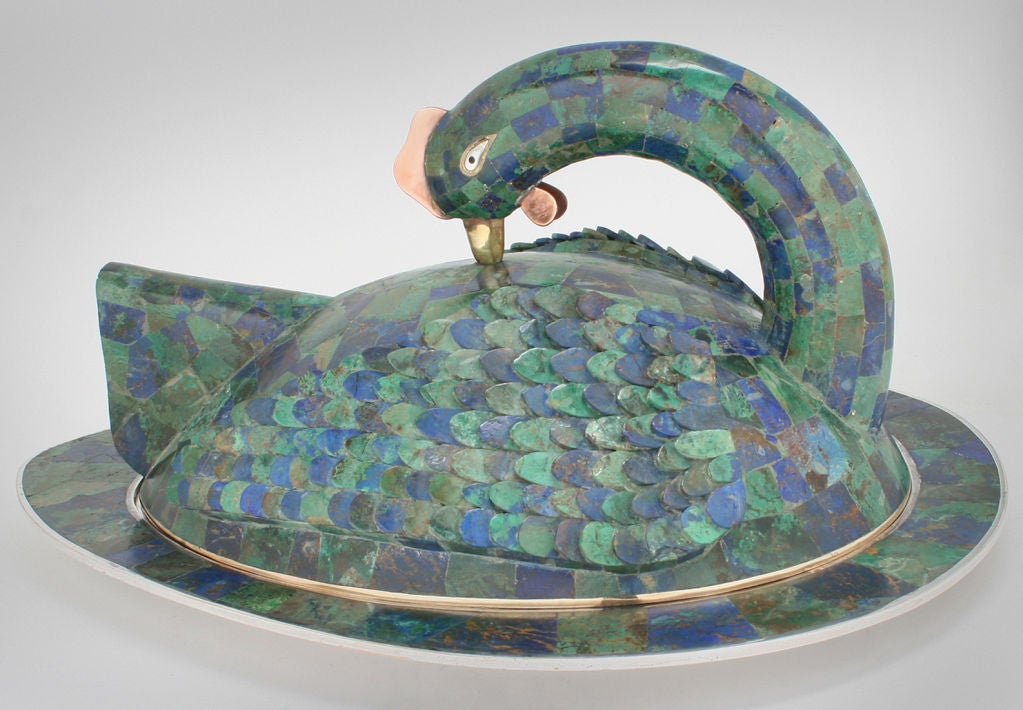 Malachite Large Inlaid Covered Serving Dish by Los Castillo