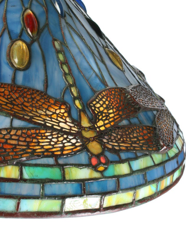 Tiffany  Studios Blue Dragonfly Lamp with Multi colored Jewels 4