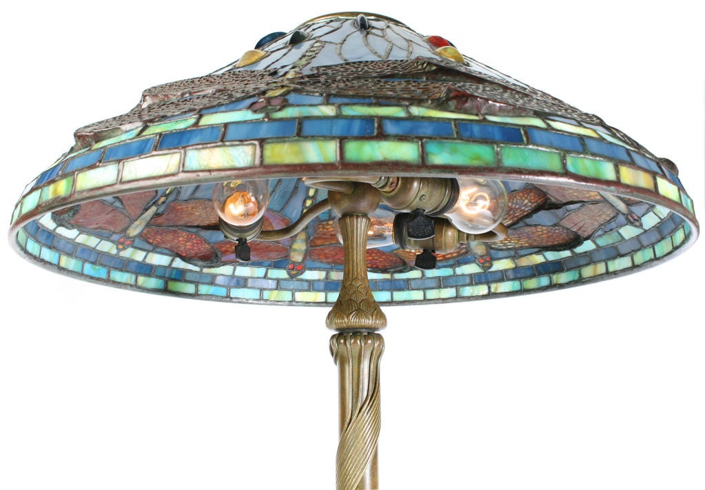 American Tiffany  Studios Blue Dragonfly Lamp with Multi colored Jewels
