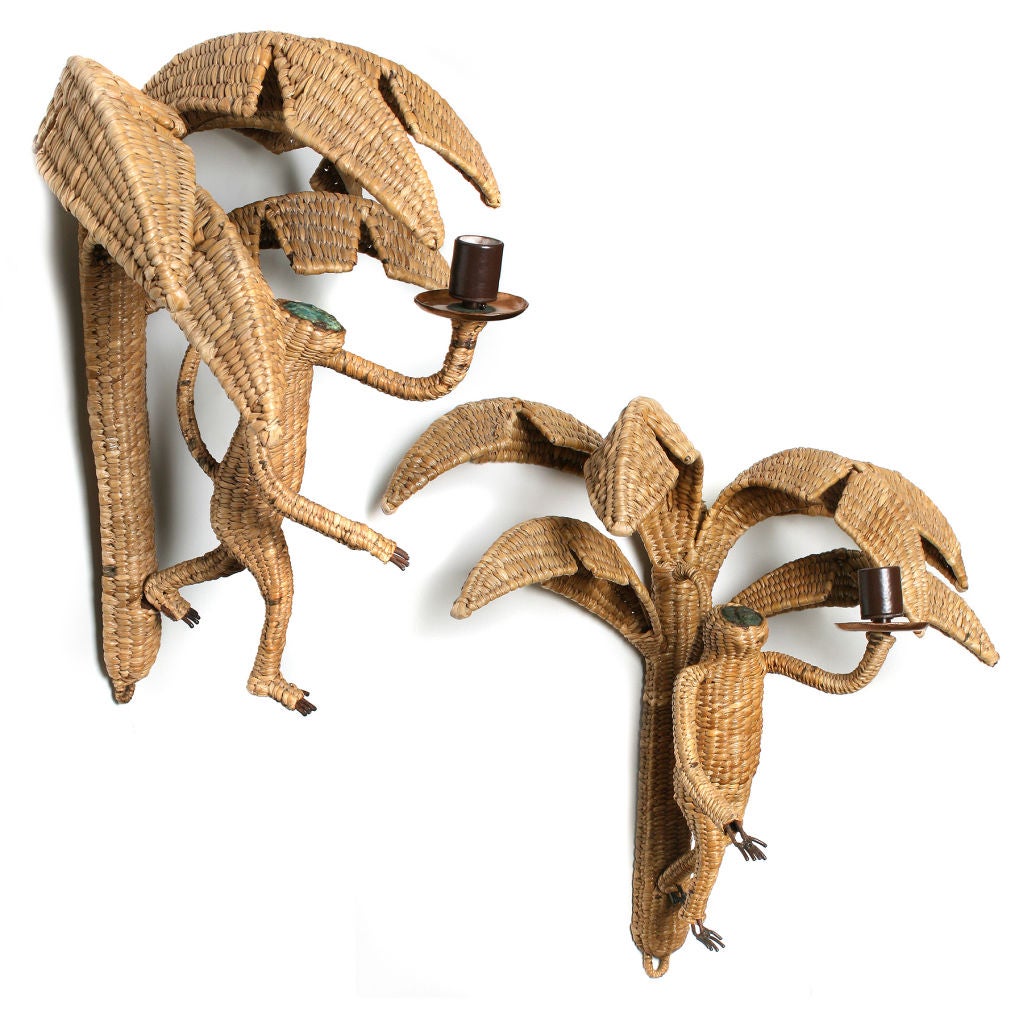 Mid-20th Century Pair of Large Woven Monkey Sconces