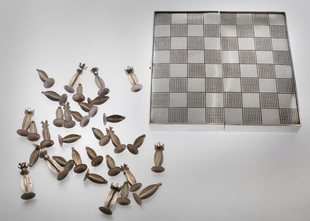 Art Deco Polish Silver Traveling Chess Set For Sale 1