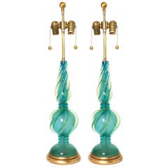 Pair of Seguso Blue Green Opalescent Murano Lamps