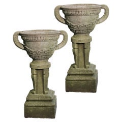 Pair of Carved Stone Jardinieres on Pedestals