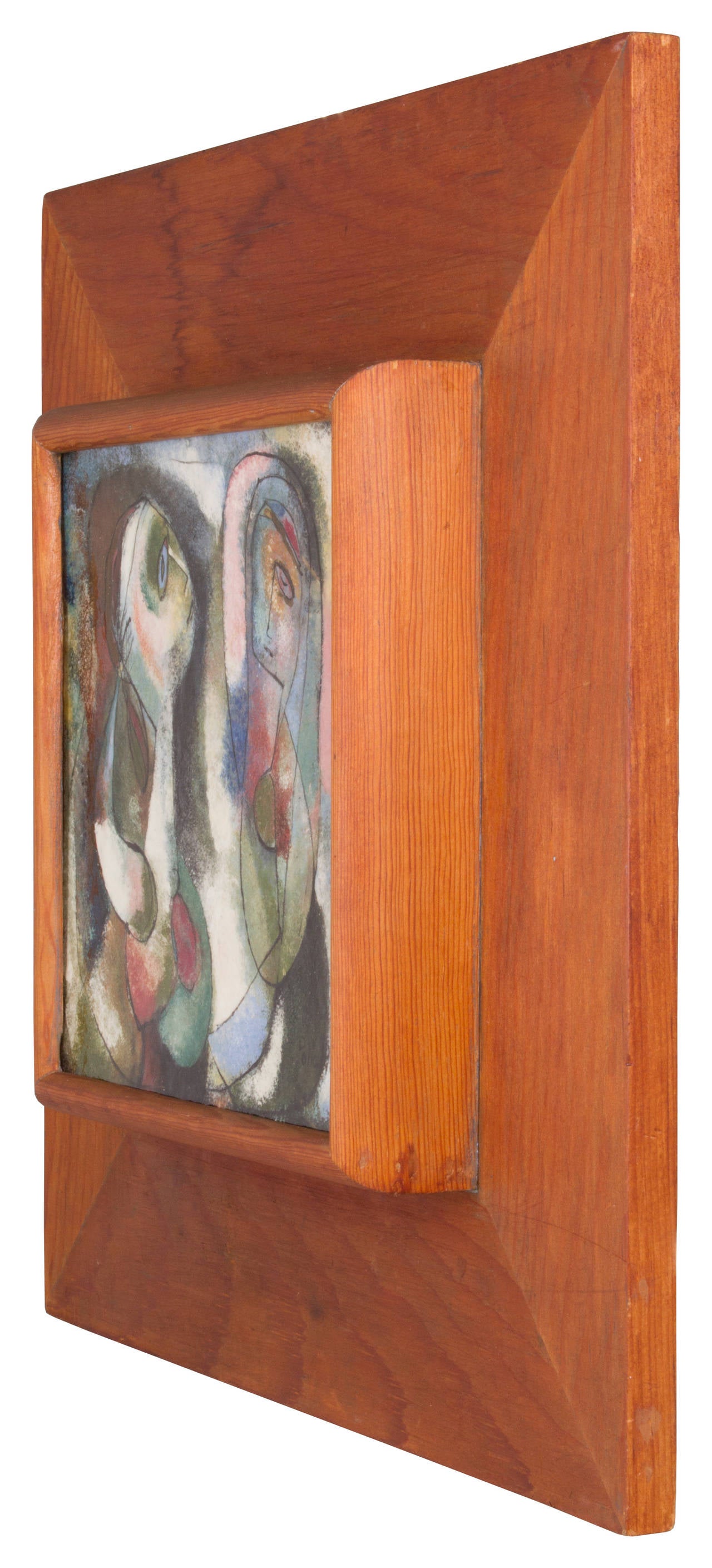 This is a wonderful and exceptional framed wall tile in the Expressionist style. This piece exemplifies Pillin's mastery of the glaze and her painterly style and has a thick glaze. The unframed tile measures 10