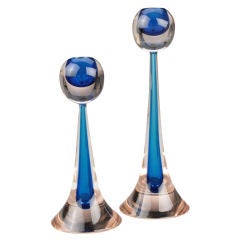 Signed Cenedese  Murano Blue Optical Candlesticks