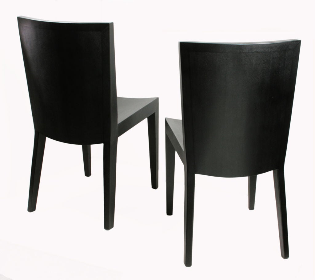 Wonderful pair of Karl Springer chairs with a black textured python finish. The seat height is 19