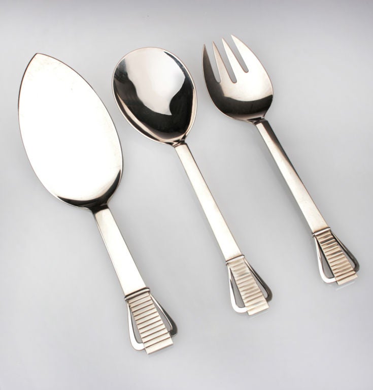 Georg Jensen Parallel Silver Service for 12 With Serving Pieces In Excellent Condition In Chicago, IL