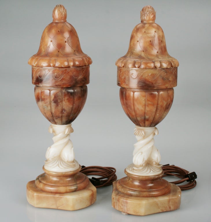 Pair of Italian Art Deco Alabaster Lamps with dolphins
