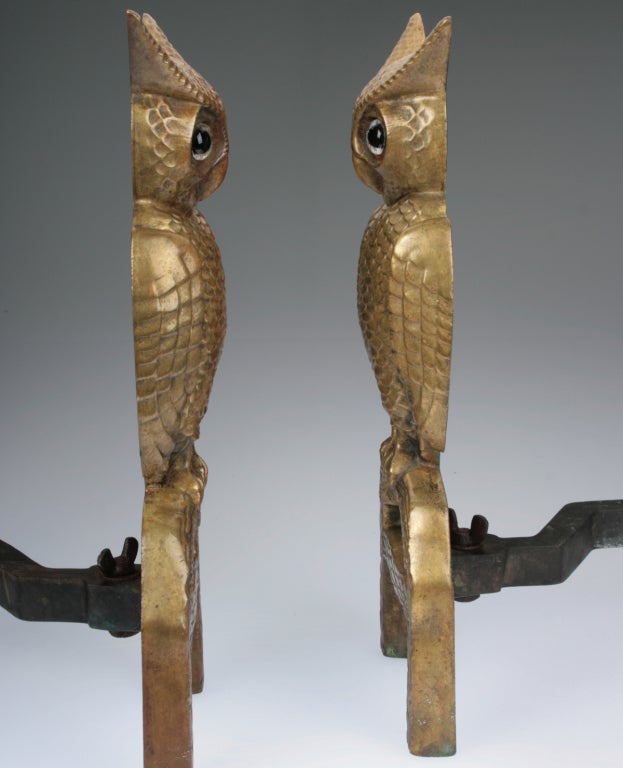 Fabulous Pair of  Bronze Owl Andirons 1