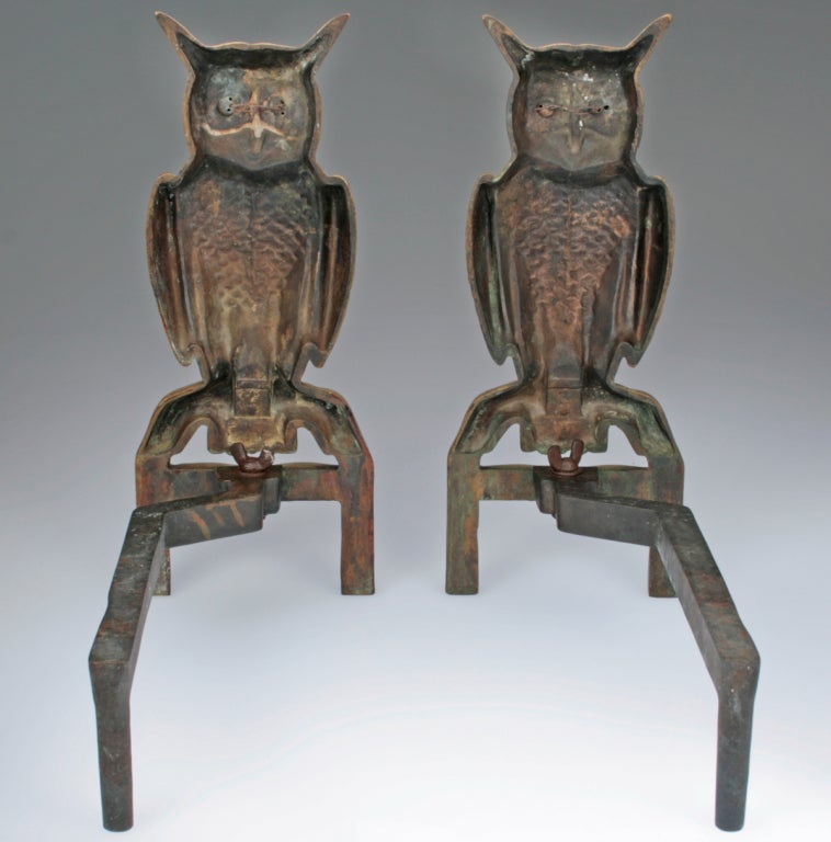 Fabulous Pair of  Bronze Owl Andirons 2