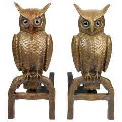 Antique Fabulous Pair of  Bronze Owl Andirons