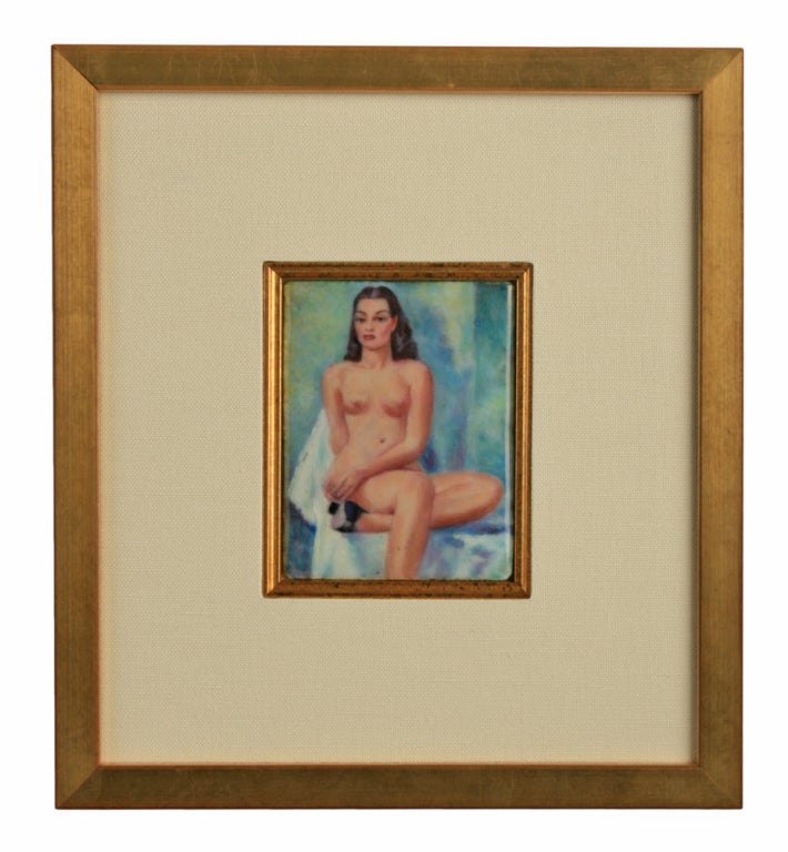This is a beautiful and sultry nude female figure on copper. The enameled plaque is 3 7/8 