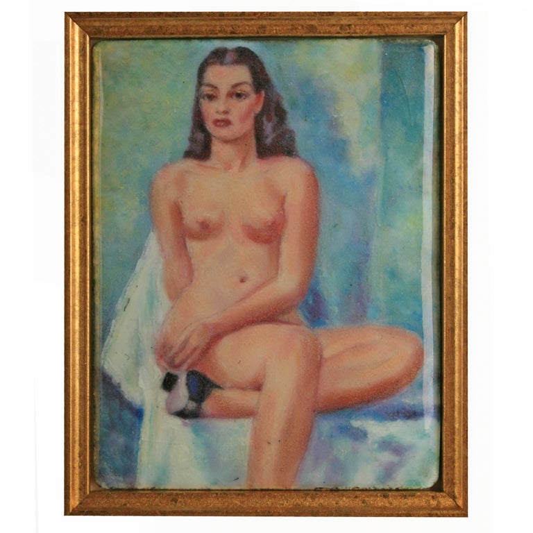 Nude with Heels Copper Enameled Painting For Sale