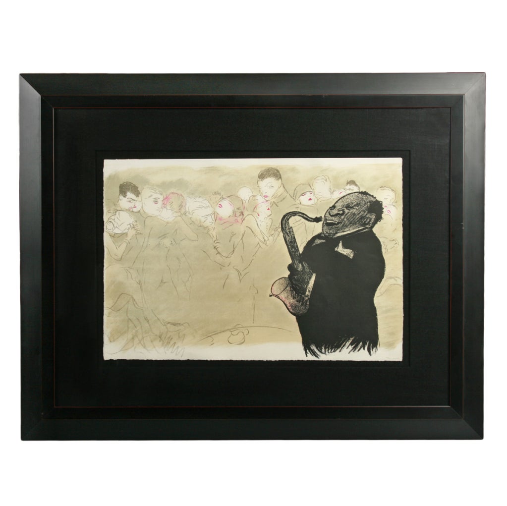 This is a fabulous framed lithographic print that really makes you feel the jazz era of Paris.  Numbered 144/300, the  artwork measures 15 