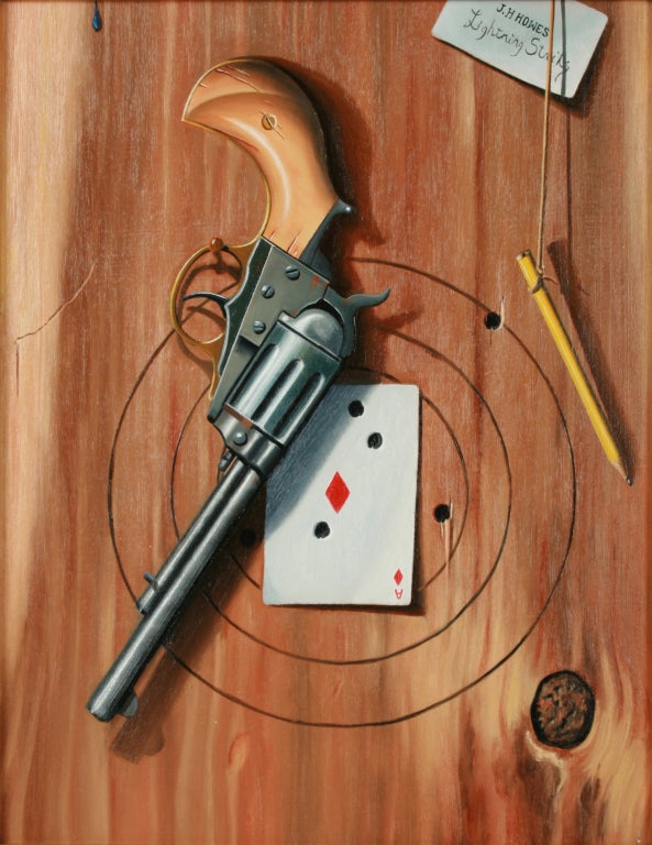 This is a realist painting with a western gambler gunfighter motif by artist Jerome Howes.  The image ares is 10