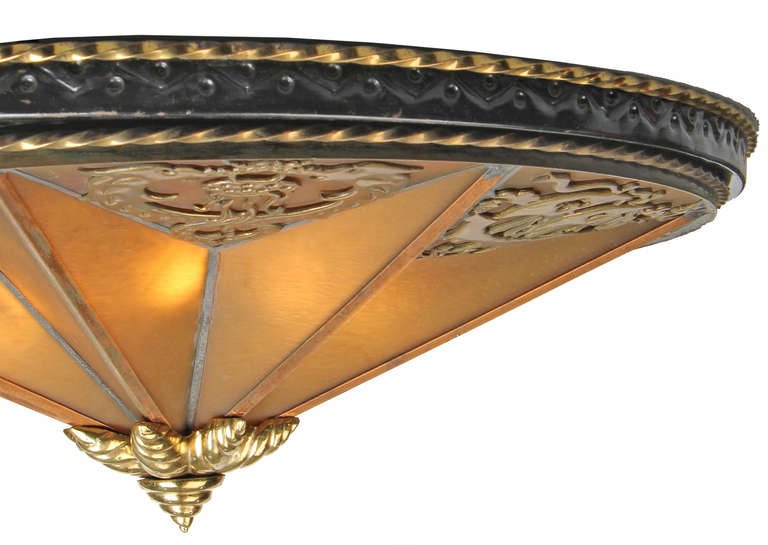Large Art Deco Ceiling Fixture with Medallions Possibly Oscar Bach In Excellent Condition In Chicago, IL