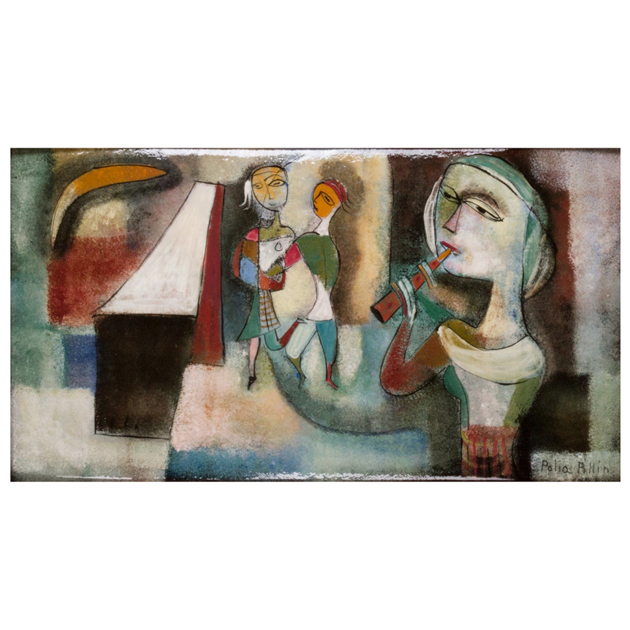 Large and Exceptional Polia Pillin Ceramic Wall Tile Woman with Flute