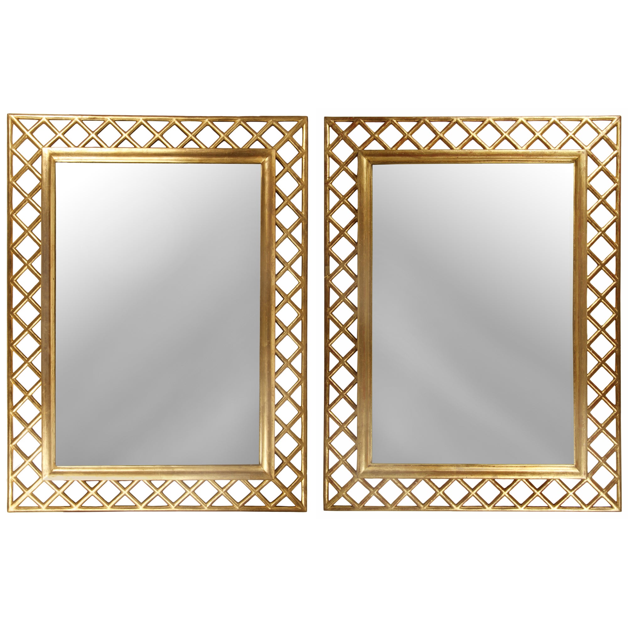 Pair of Hand Carved Gold Gilt Italian Gilt Mirrors with Lattice Borders