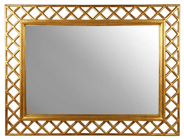 Pair of Hand Carved Gold Gilt Italian Gilt Mirrors with Lattice Borders In Excellent Condition In Chicago, IL