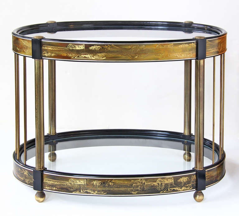 These are interesting matching tables with patinated metal by Bernhard Rohne for Mastercraft.  They would be great in either a modern environment of could easily work in a more traditional space.