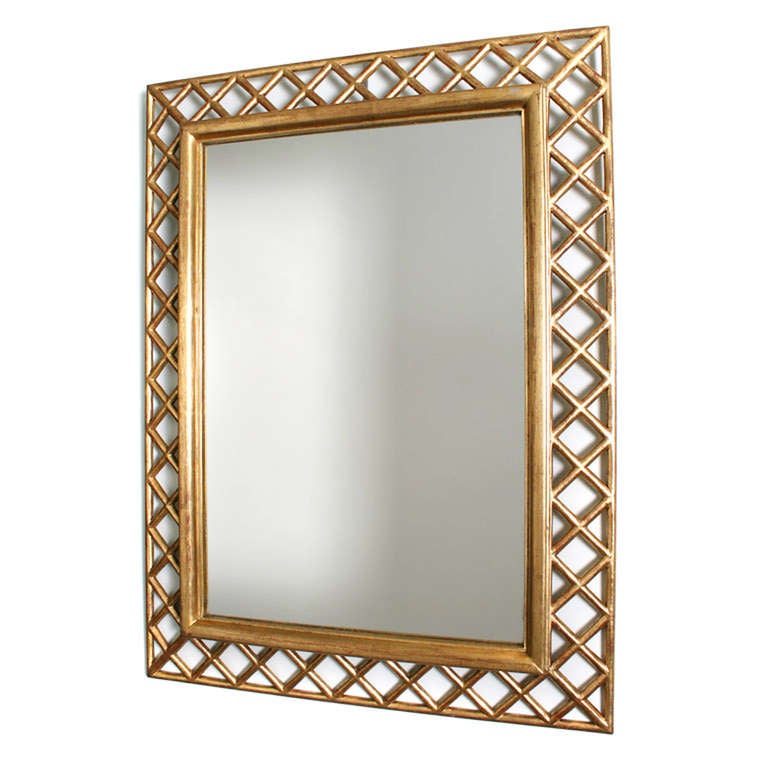 Mid-20th Century Pair of Hand Carved Gold Gilt Italian Gilt Mirrors with Lattice Borders