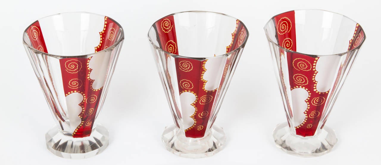 Czech Collection of Three Art Deco Enameled Cut and Polished Vases
