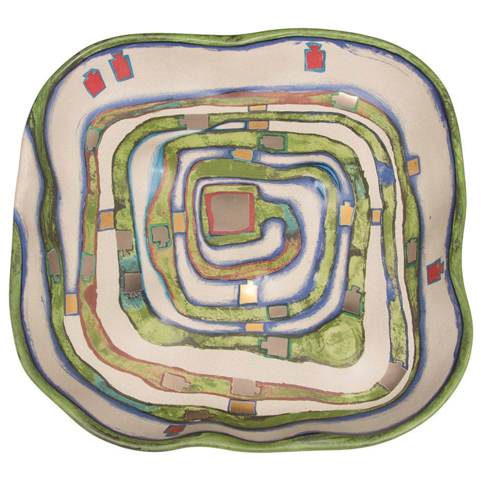 Hundertwasser Ceramic Sculptural Low Bowl "Spirelental"