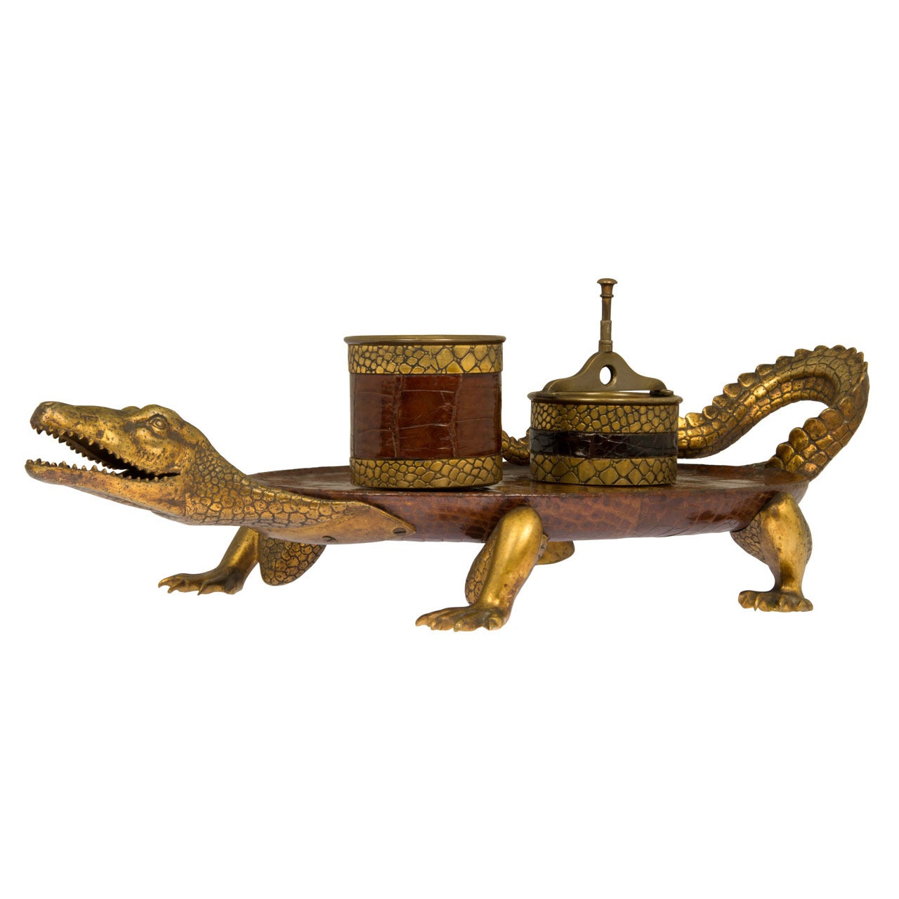 Bronze Figural Alligator Smoking Tray and Accessories
