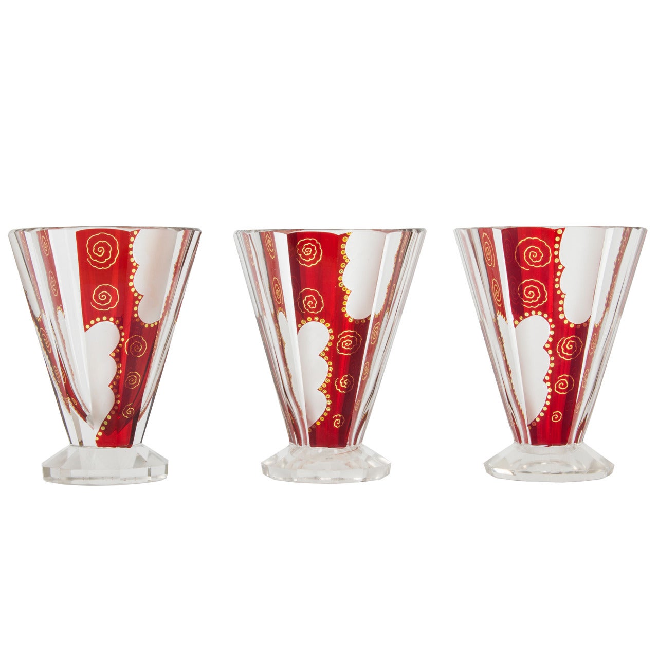 Collection of Three Art Deco Enameled Cut and Polished Vases