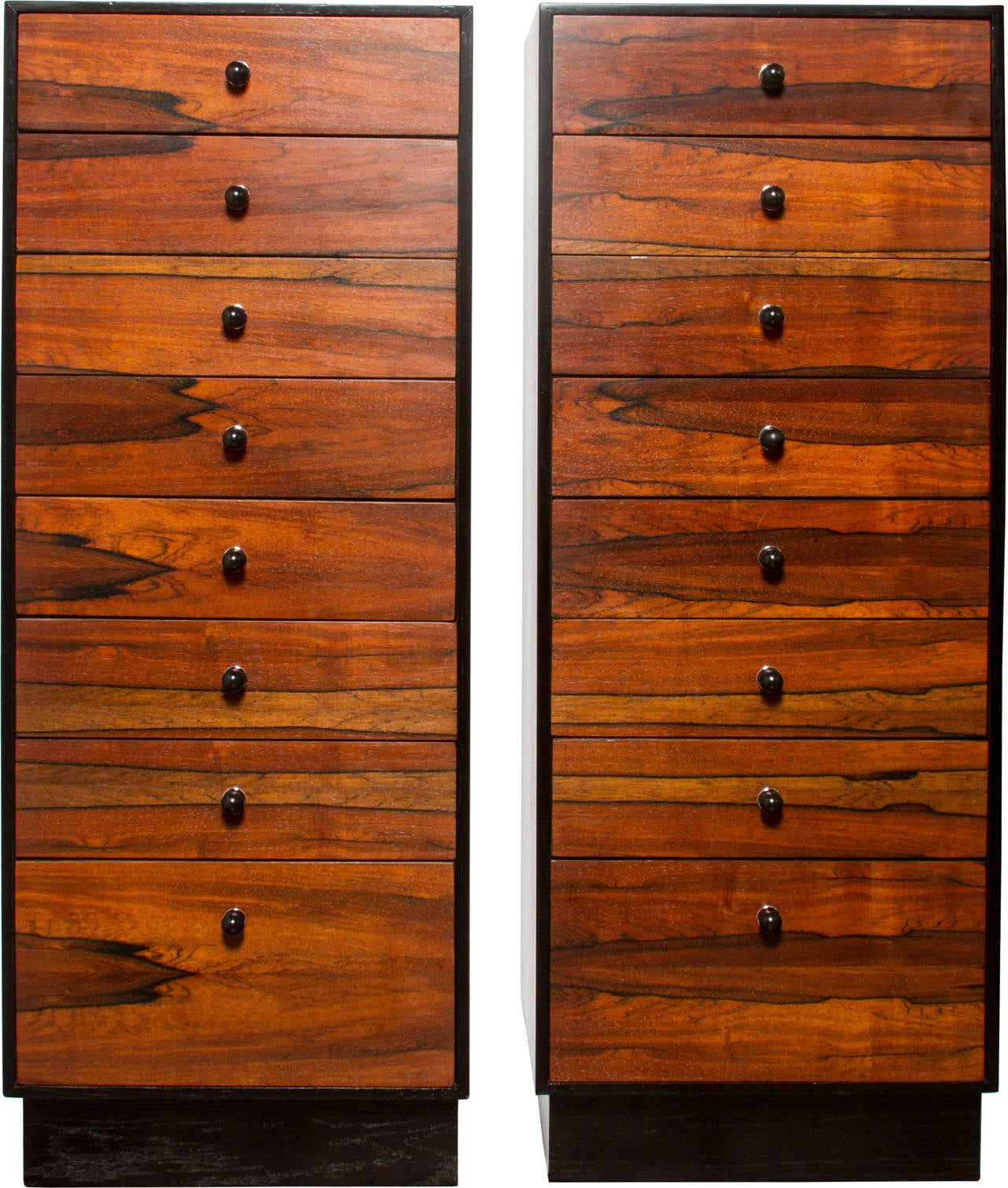 This is a wonderful matched pair of Havey Probber Jewelry cabinets or Semainier.  Having seven narrow drawers with one larger drawer on the bottom, the pieces are beautifully done.