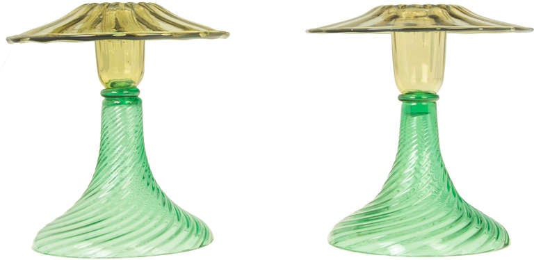 Steuben Yellow and Green Spiral  Glass Candlesticks