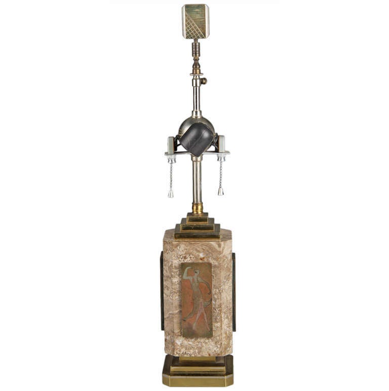 This is a beautiful Art Deco lamp by A. Desgranges, Desgranges was know for dinandarie, The base of the lamps  is  marble with four applied bronze dinandarie panels of dancing woman. The lamp has an adjustable harp that can raises the shade 2