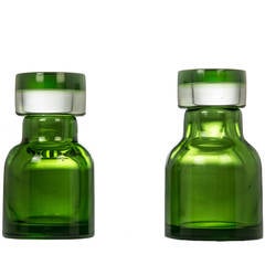 Pair of Emerald Colored Glass Decanters