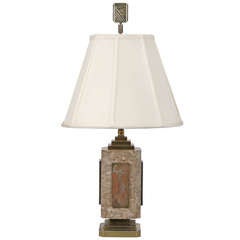 French Art Deco Lamp by Desgranges with Bronze Dinandarie Panels