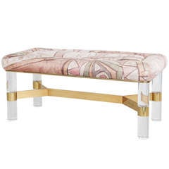 Karl Springer Hand-Painted Leather, Brass and Lucite Bench