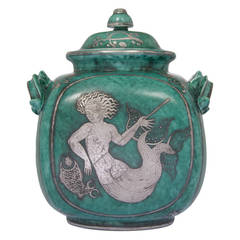 Gustavberg Argenta Lidded Jar with Mermaid by Wilhelm Kage